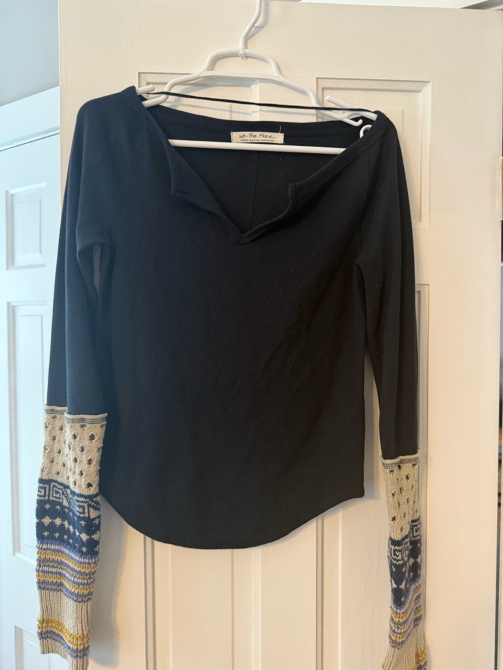 Free People Long-Sleeve Thermal Top with Patterned Sleeve Cuffs